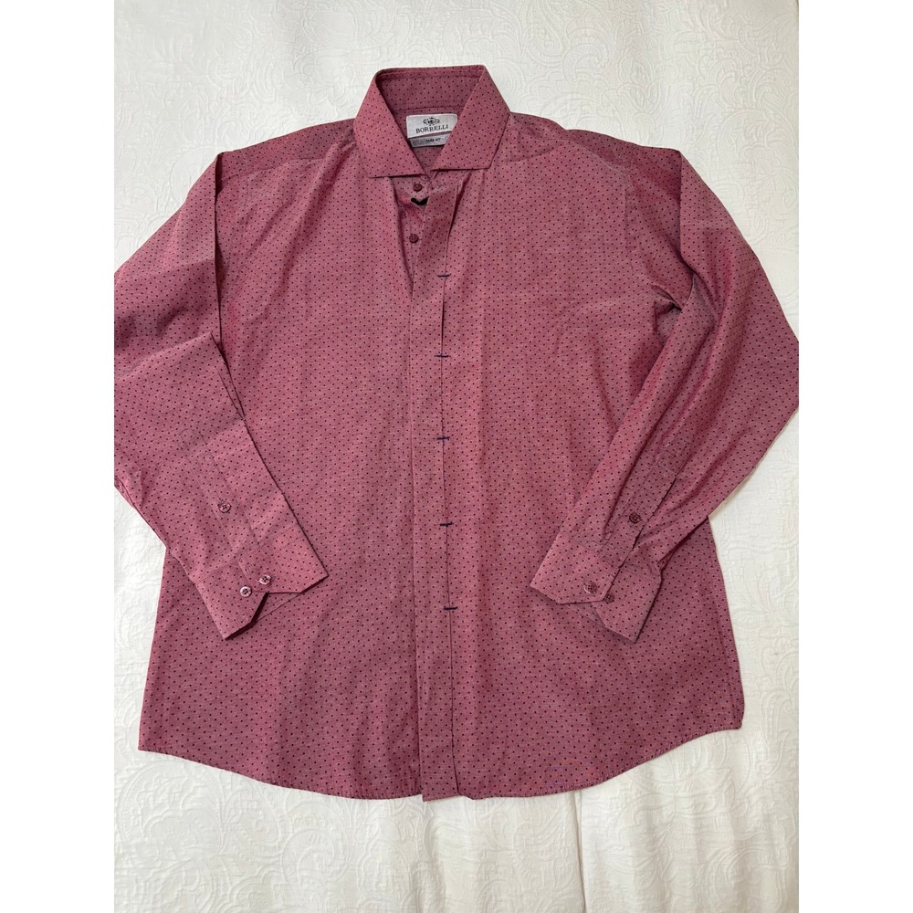 Luigi Borrelli Napoli Slim Fit Dress Shirt XL Pink Navy Micro Dot Italian Luxury